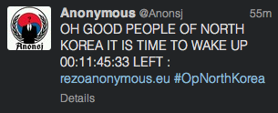 A Twitter message posted by an Anonymous member referring to a planned attack on North Korean websites.