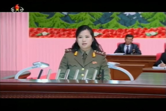 Hyon Song Wol speaking at a national meeting of artistes as shown on Korean Central Television on May 18, 2014.