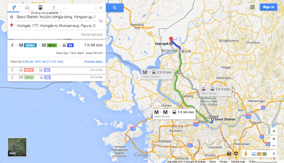 The route from Seoul to Imjingak as shown on Google Maps (NorthKoreaTech)
