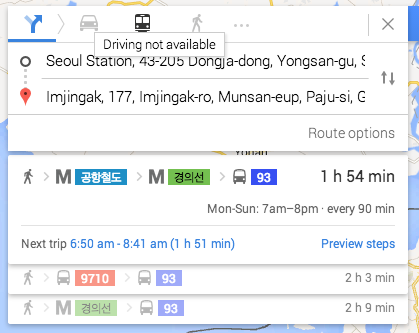 There are no driving directions available via Google Maps in South Korea (NorthKoreaTech)