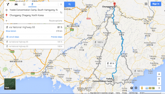 A route from North Korea's Yodok concentration camp to the border with China, as mapped by Google (NorthKoreaTech)