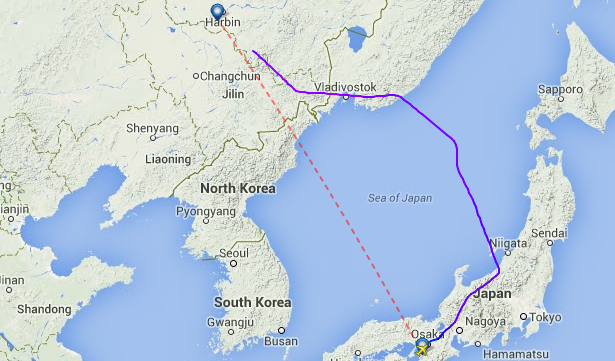China Southern CZ 632 from Kansai to Harbin avoids North Korean airspace.
