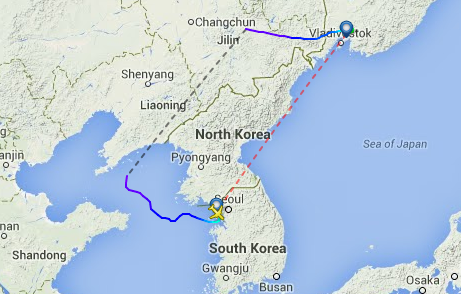 Asiana's OZ 570 avoids North Korean airspace en route to Vladivostok.