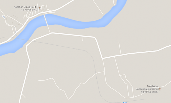 Kaechon Gulag and Bukchang Gulag as shown on Google Maps on August 30, 2014.