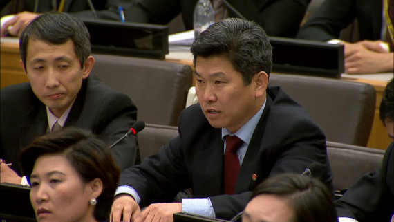 A North Korean diplomat speaks at a human rights event at the United Nations on April 30, 2015.