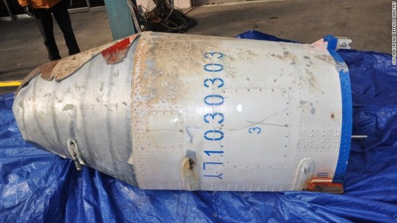 A suspected rocket fairing from North Korea's satellite launcher retrieved by South Korean military (Photo: Korea MND)