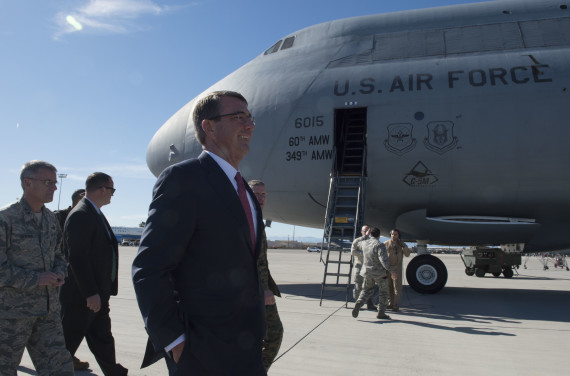 U.S. Secretary of Defense Ash Carter walks the flight line at Nellis Air Force Base, Nevada, on Feb. 4, 2016. (Photo: Tim Godbee/USN)